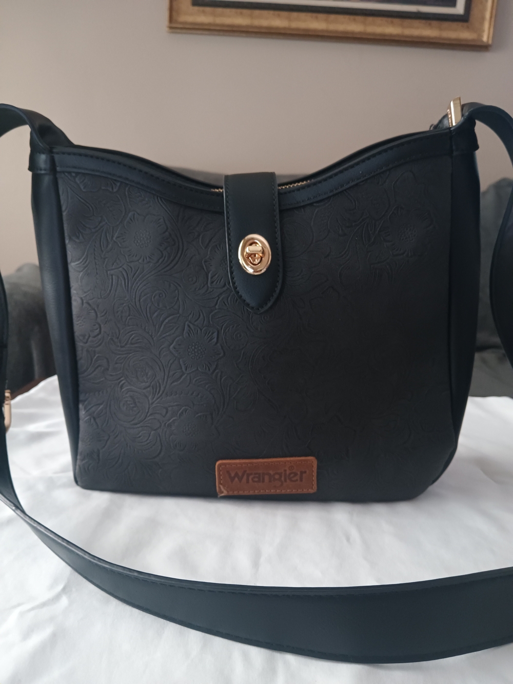 Wrangler Black Floral Embossed Crossbody Shoulder Bag with Brown Logo Patch